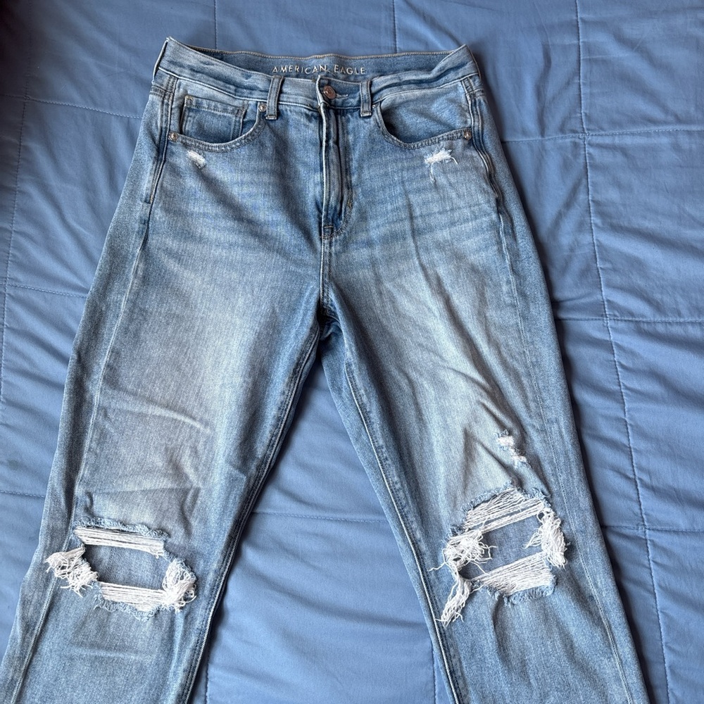 American Eagle Outfitters Blue Mom Jeans with Distressed Details